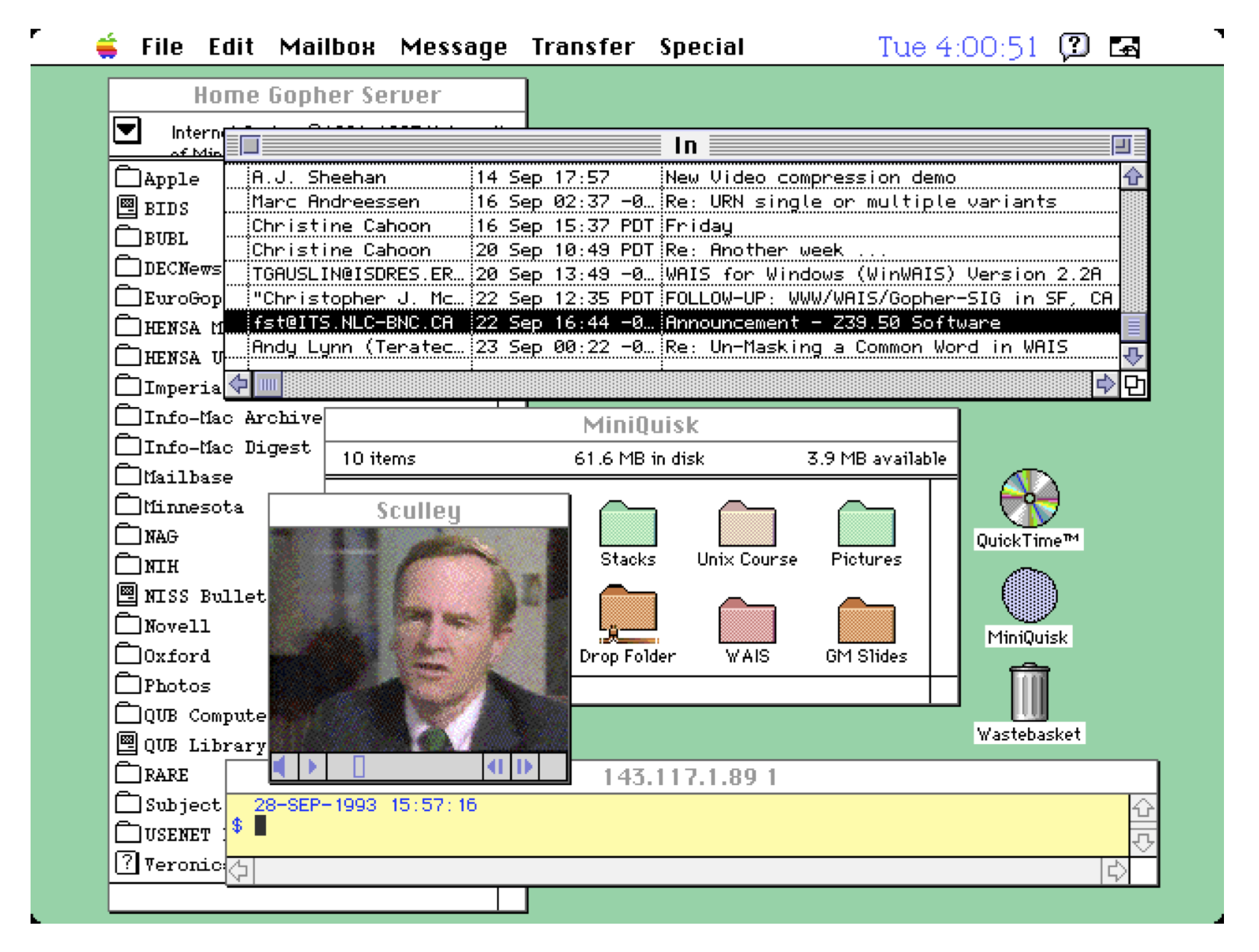 My desktop in September 1993 with Eudora mailer, gopher client, terminal emulator, and video file read from CD player Screen shot, desktop computer, 1993
